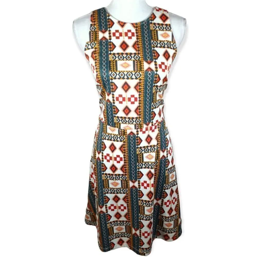 H&M CREAM, TEAL, ORANGE, & YELLOW SKATER DRESS SZ.L NWT